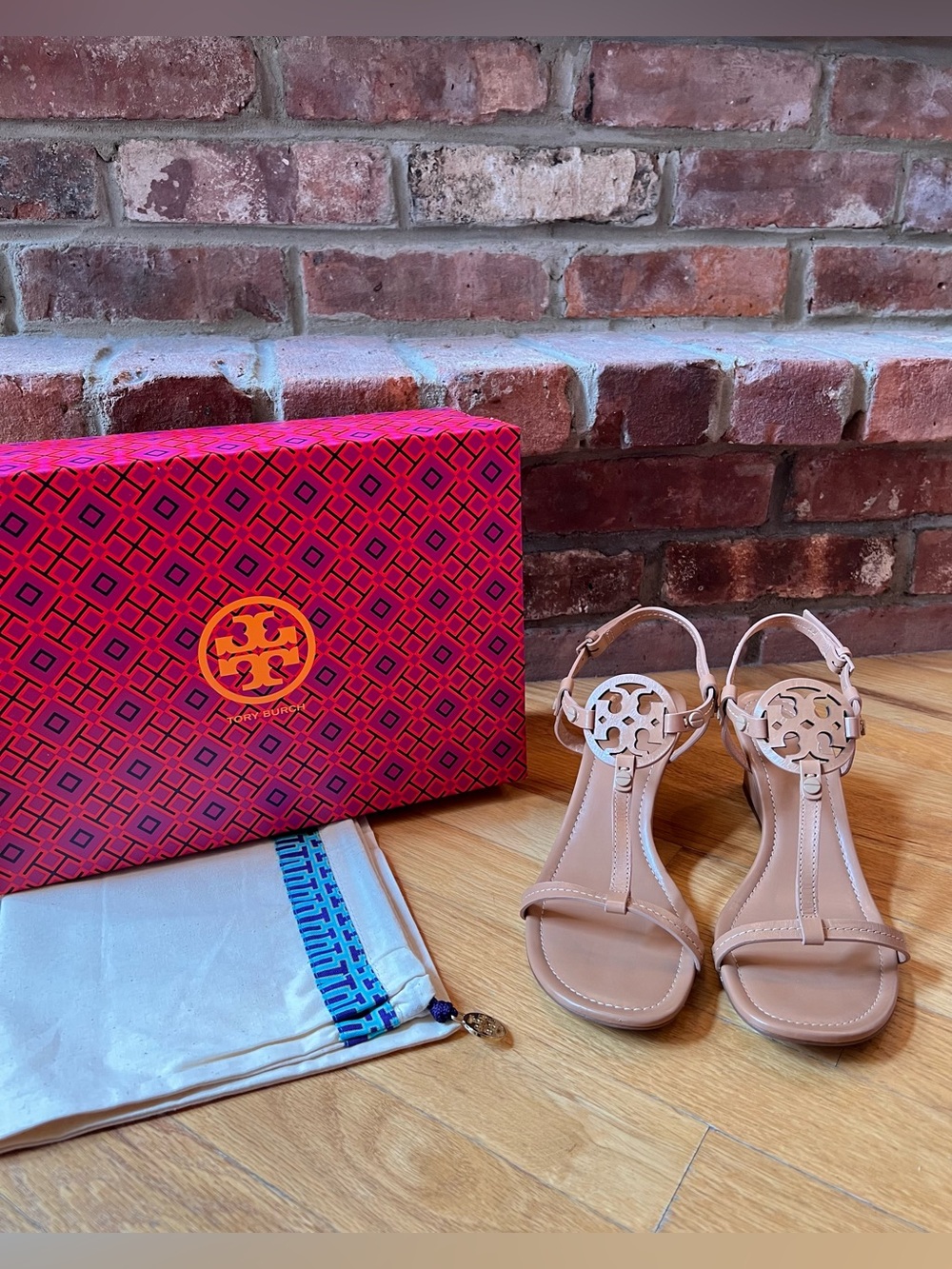Tory Burch Dusty Cypress Tan Leather Miller 60MM Wedge Sandals